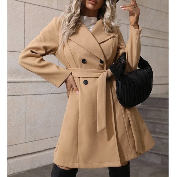 Tan Preppy Womens Lapel Neck Double Breasted Belted Overcoat - Picture 1 of 8